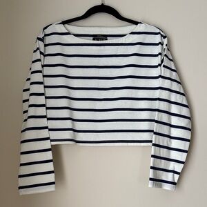 J. Crew Women's Navy White Striped Cropped Fit Boatneck Long Sleeve Tee Size S